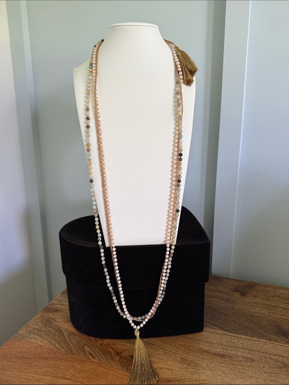 Adjustable Long Multi-Strand Beaded Necklace with Gold Tassel - Pink & Neutral